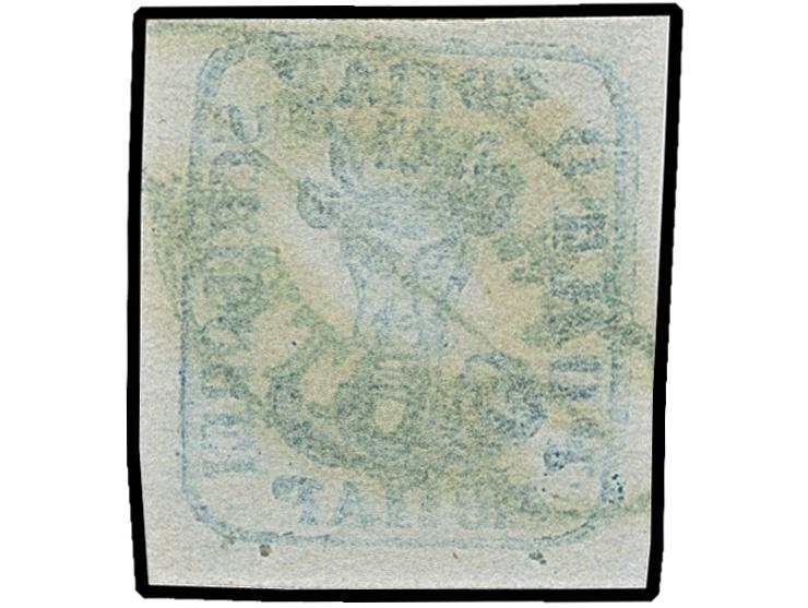 1858, Handstruck 40 parale blue on thin blueish paper, showing clear and rare "Double Print" of the entire design in an under