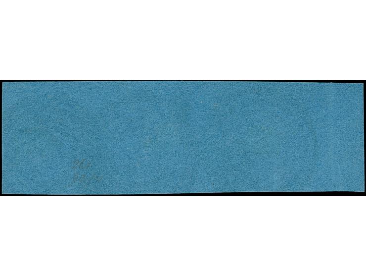 3 Kreuzer auf dunkelblau, waagerechter Dreierstreifen, allseits überrandig, mit Teilen aller 8 Nachbarmarken und links ca. 11