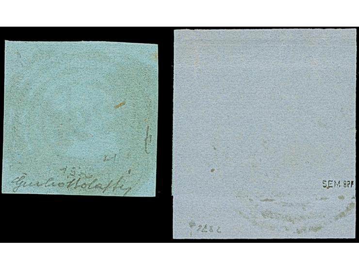 1 Silbergroschen auf graublau und 3 Kreuzer auf graublau, beide allseits überrandig mit Teilen aller 8 Nachbarmarken (sogenan