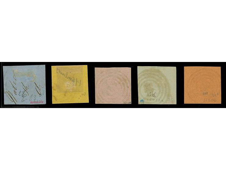 ¼, ½ , 2 und 3 Silbergroschen sowie Farbänderung 1 Silbergroschen auf hellblau, alle breit- bis meist überrandig, 2 Werte mit