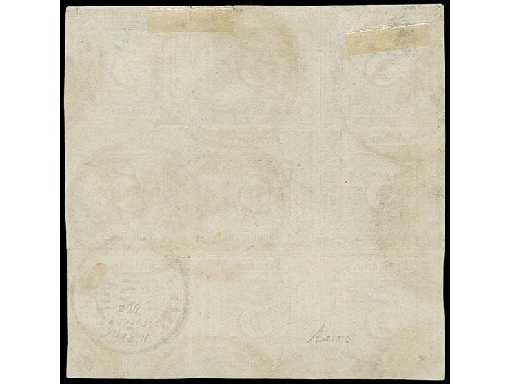 5 Silbergroschen braunpurpur im 9er-Block, oben etwas angeschnitten und rechts unten leicht berührt, sonst voll- bis überrand