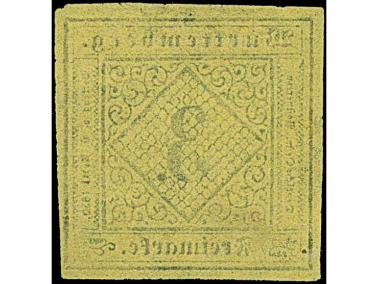 3 Kreuzer auf gelbem Seidenpapier, farbfrisch und voll- bis meist breitrandig, ungebraucht ohne Gummi. Ein schönes Stück der 