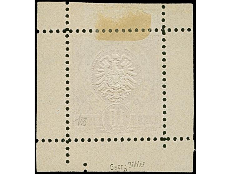 1875, &nbsp;10 Pfge. als Essay im Adlermuster mit vom Wertschildkreis unterbrochener Währungsangabe “PFEN-10-NIGE” in Rot auf