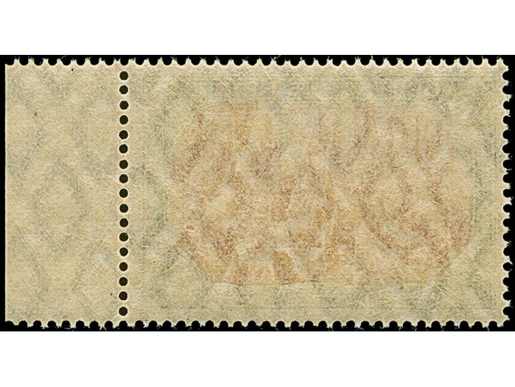 1902/12, Friedesdruck 5 M. grünschwarz/dunkelkarmin (Mittelstück gelblichrot quarzend), Randstück, postfrisch, in tadelloser 