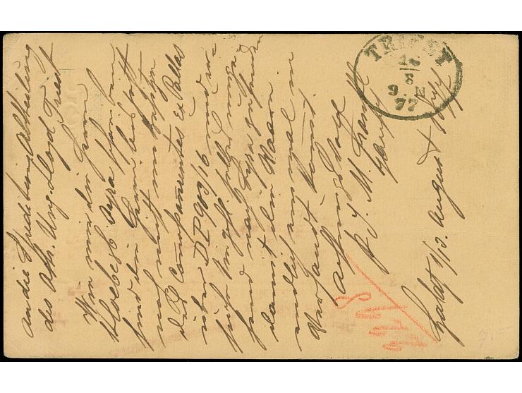 1877, GALATI 13.AUG.77 cds. in black on 5 b. postal stationery card used uprated with two 5 b. ochre, registration mark “Ra=1