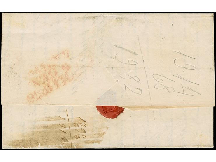 1856, 50 b. blue with 2 b. olive green tied by overlapping diamond cancellations on a complete, freshly preserved collector's