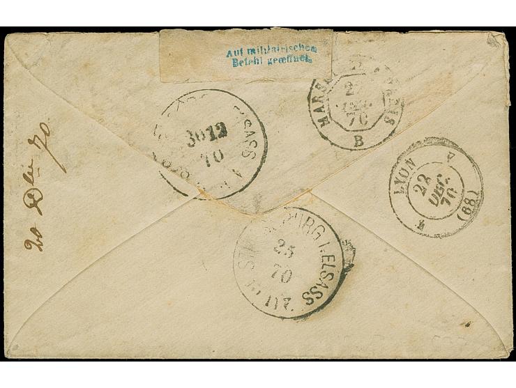 “AUF MILITÄRISCHEN BEFEHL GEOEFNET”, blue two-line handstamp on small label (cut upon arrival) to envelope to Strasbourg with