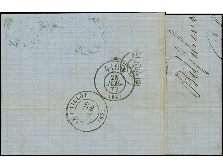 kleiner Schild ¼ Gr. grauviolett, zwei Stücke mit 2 Gr. ultramarin, gut geprägt und in üblicher Zähnung, klar mit EKr. “BITSC