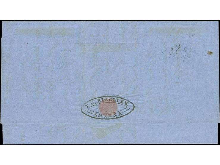 1858, Folded tissue-paper envelope bootlegged from Smyrna, Turkey to Boston, carried by Capt. Watson ‘Ship Henry Hill’ with 1