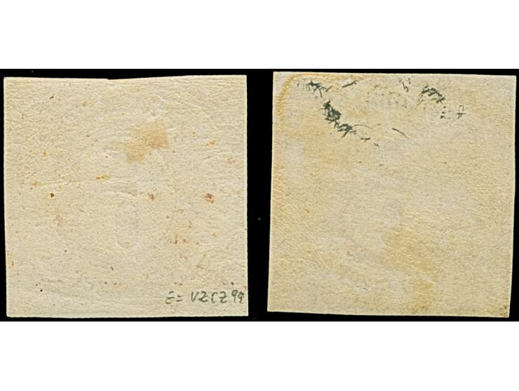 6 Kr. dunkelrosarot, 2 Einzelwerte in Type IA bzw. IB, beide farbfrisch und vollrandig, ungebraucht mit Originalgummi. Ein We