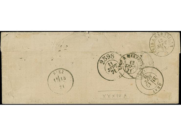 1870, 20 C. grauultramarine, Spitzen nach oben (ein kurzer Zahn), entwertet durch EKr. “CHATEAU-SALINS 11 9 71" in Doppelfran