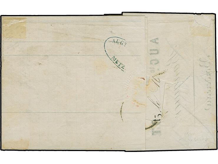 20 C. grauultramarine, Spitzen nach oben, zwei Stücke in Doppelfrankatur mit Napoleon 40 C. orange (minimal oxidiert) entwert