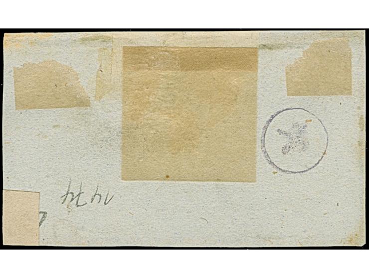 1 Kr. auf graugrün, waagerechtes Paar aus der rechten oberen Bogenecke, allseits überrandig, mit Teilen von 3 Nachbarmarken u