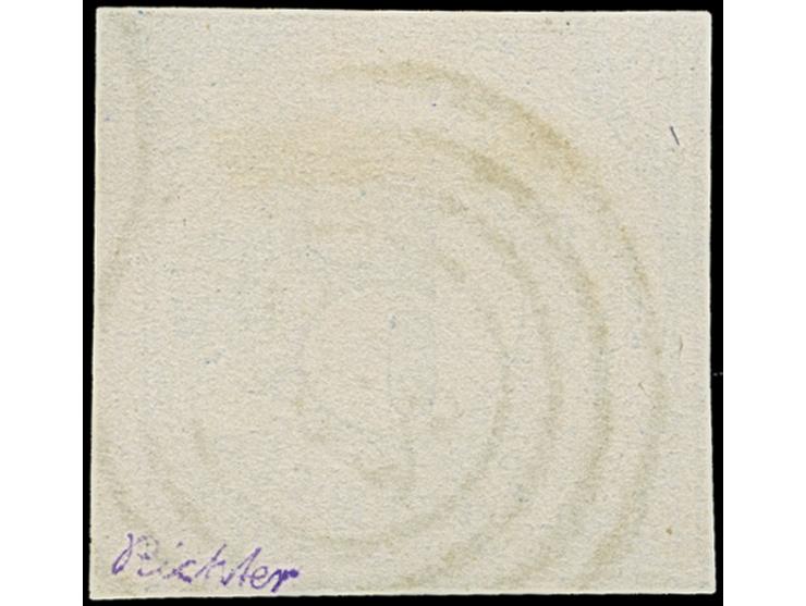 6 Kr. blau, allseits überrandig, mit ca. 2 mm rechtem Bogenrand sowie Teilen aller 5 Nachbarmarken, leicht entwertet durch Nr