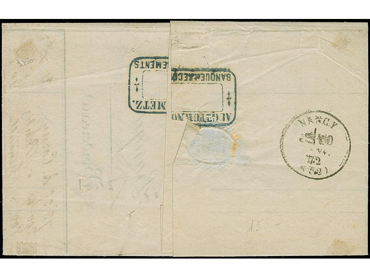 kleiner Schild 2 Gr. ultramarine, zwei Stücke, entwertet durch EKr. “METZ 9 1 72" in Doppelfrankatur mit Frankreich Cérès 40 
