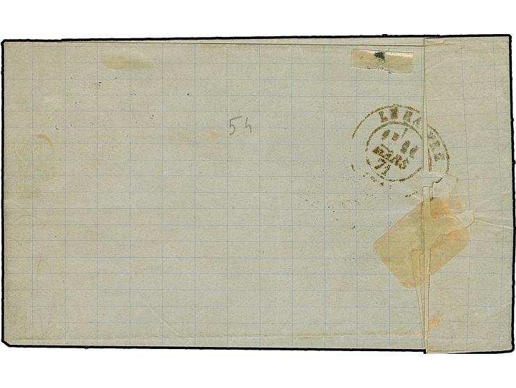 20 C. grauultramarine, Spitzen nach oben, in Doppelfrankatur mit Napoleon 20 C. blau, alle Marken entwertet durch französisch