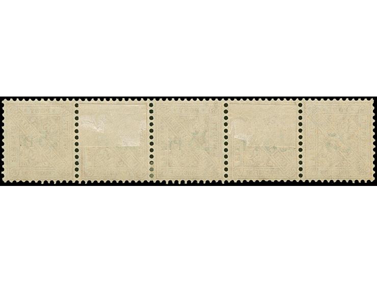 1916, 25 (Pf.) auf 25 Pfg. orange, waagerechter 5er-Streifen mit alle fünf verschiedenen Versuchsaufdrucken, ungebraucht, dre