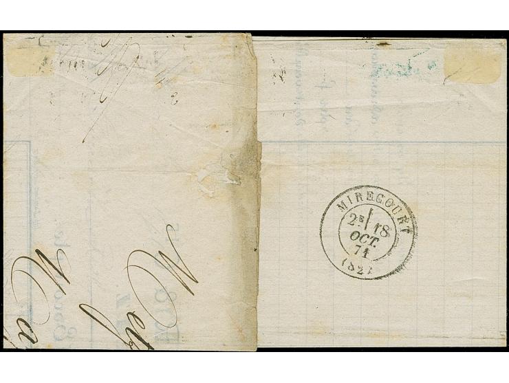 20 C. grauultramarine in senkrechten Paar, farbfrisch, klar mit auf- und nebengesetztem EKr. “METZ 17 10 71” in Doppelfrankat