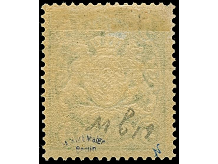 1890, Wappen 5 Pfg. grün auf rötlichem Papier mit Wasserzeichen 'senkrechte Wellenlinien' der Ausgabe 1881, ungebraucht. Der 