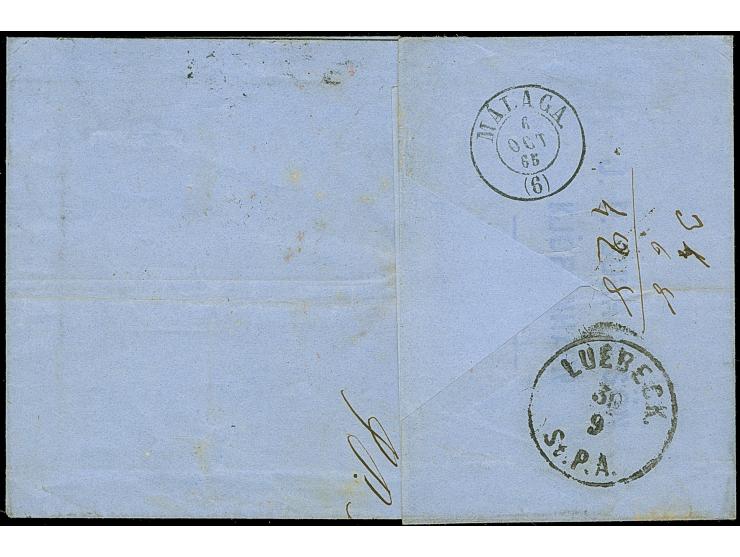 “SPAN./PREUS./PORT./T.T.”, Ra.2, sauber auf Briefhülle 1865 von Kopenhagen mit Duplex "181/S.J.JB.P.SP.B."nach Malaga