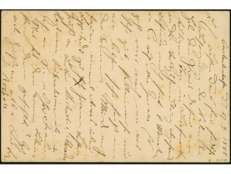 1888, “KONSTANTINHAFEN 18.9.88” etwas undeutlich auf Ganzsachenkarte mit viel Text und Datierung “Constantinhafen 17.9.88” na