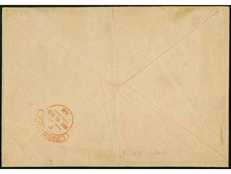 1889, “BEZAHLT Kaiserl. Deutsche Postagentur Apia-1-2-1889” klar vom Ersttag, ohne handschriftlichen Vermerk der Wertstufe au