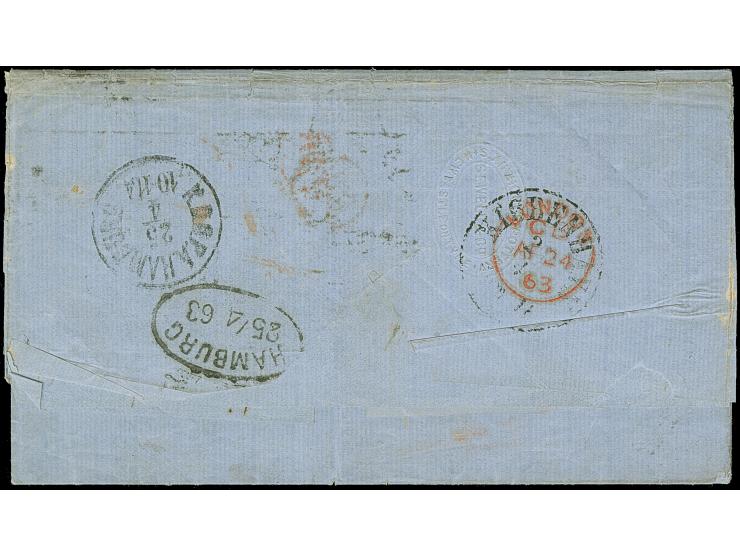 1862/64, 9 d. straw, tied by duplex "545/NEWCASTLE-ON-TYNE AP 23 63" to entire letter, endorsed "via Osend" and with Hamburge