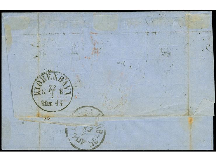 1858, coat of arms 5 ö. green , 3 copies, and 30 ö. brown, tied by Danish no. "1" with adjacent "FRA SVERRIG 22/2 1866", to s