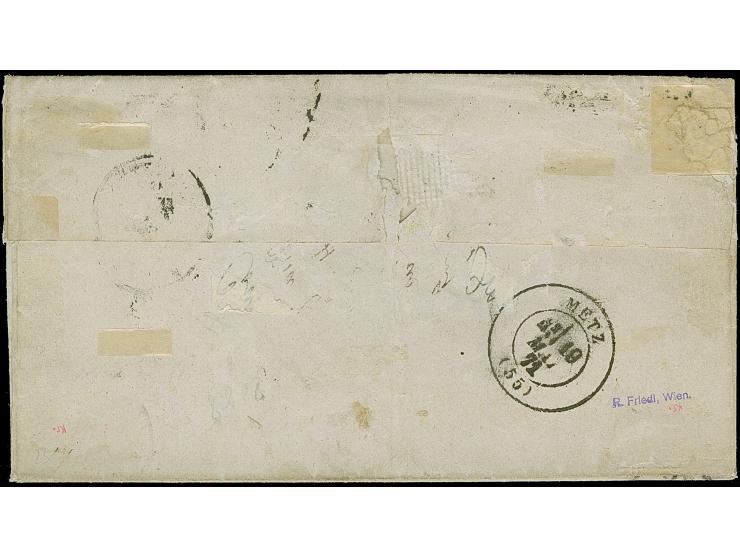 2 C. rotbraun im waagerechten 3er-Streifen und Paar, sowie 5 C. grün und 10 C. ocker braun, farbfrisch, sauber entwertet durc