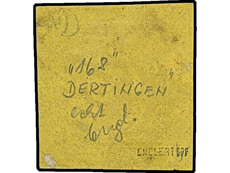 "168" DERTINGEN, fast vollständig und gut lesbar auf teils angeschnittener 6 Kr. auf gelb, sonst einwandfrei. Der seltensten 
