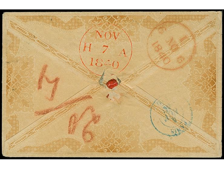 1840, "BADEN 1 NOV.", Zierstempel, sauber auf vorder- und rückseitig in Brauntönen bedruckten Zierbrief nach Edinburgh. Ein s