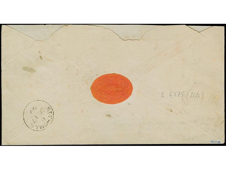 ¼ Gr. bräunlichlila und 5 Gr. ocker im senkrechten Paar, in Mischfrankatur mit gezähnter Ausgabe 2 Gr. ultramarin im waagerec