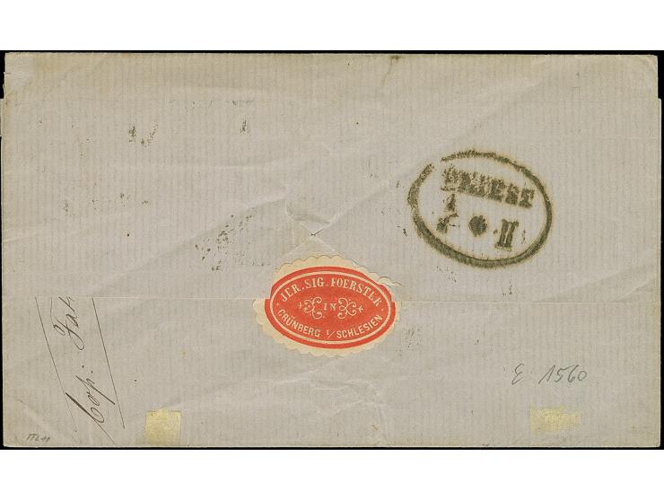 1 Gr. karmin und 2 Gr. ultramarin, mit auf- und nebengesetztem Ra3 "GRÜNBERG I. SCHLESIEN 29 1 69"auf Briefhülle über Triest,