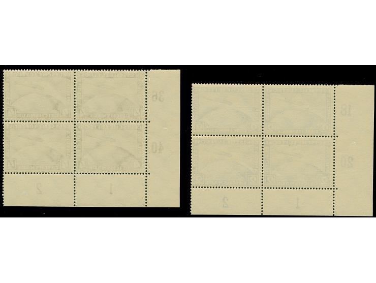 1928, Zeppelin 2 und 4 M. jeweils im Viererblock aus der linken unteren Bogenecke, postfrisch, in tadelloser Erhaltung, unsig
