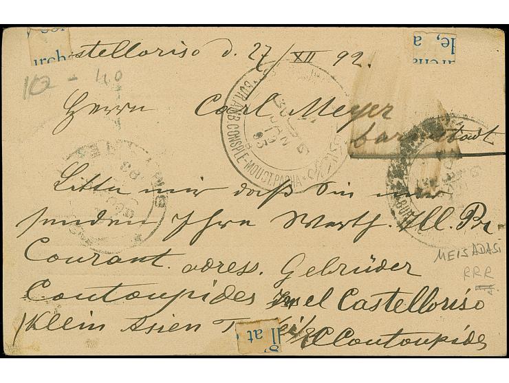 "MISSIS JAN 8 93", cds in bluish green, on postcard dated “Castellorizo 27/XII 92”, via Constantinopel and railway &nbsp;"CON