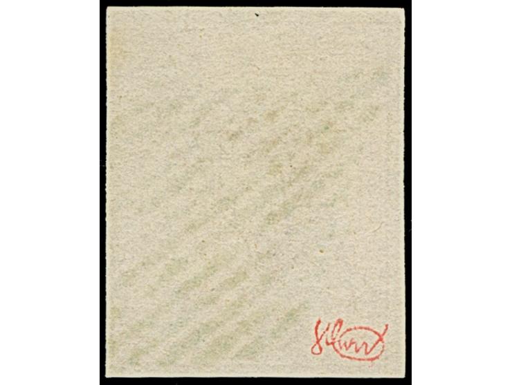 15 Cts., farbfrisch und voll- bis meist breitrandig, leicht entwertet durch blaue Raute. Einwandfrei. Signiert Moser mit Befu