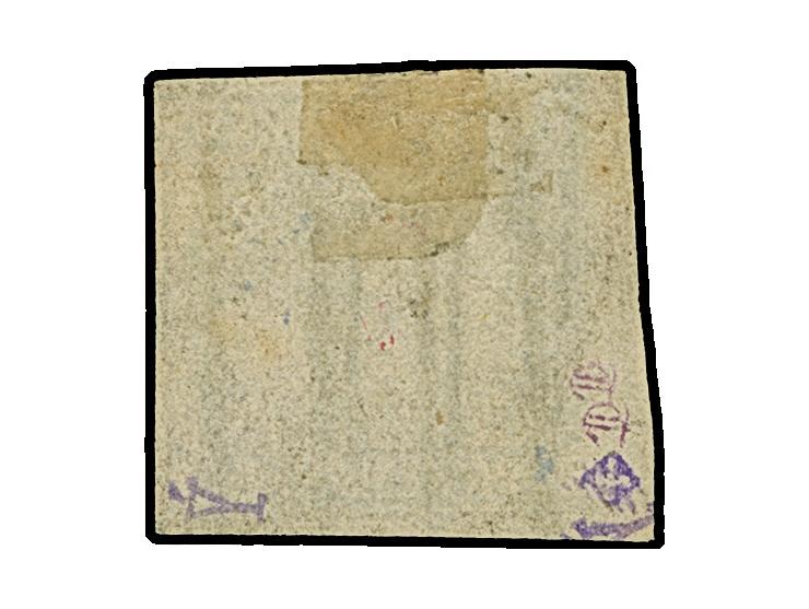 1861, 1 Sch. schwarz, allseits breitrandig, aus der Bogenecke eines Umdruckblockes stammend, mit ca. 1-2 mm Bogenrändern, sau