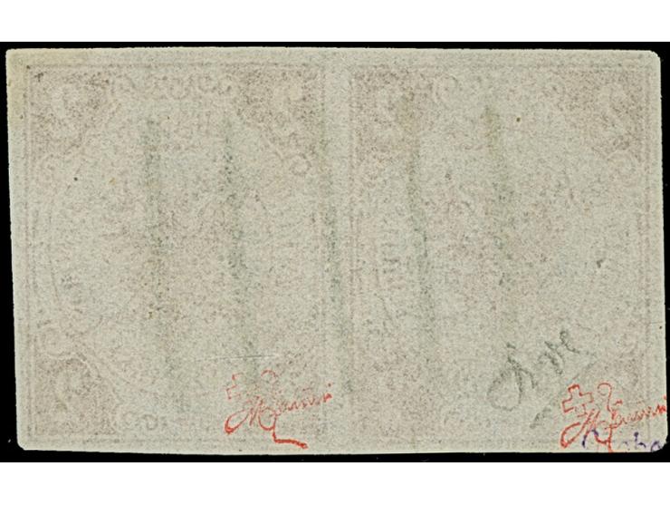 2 Sch. rötlichbraun im waagerechten Paar, farbfrisch und allseits breitrandig, sehr schön entwertet durch vollständig mittig 