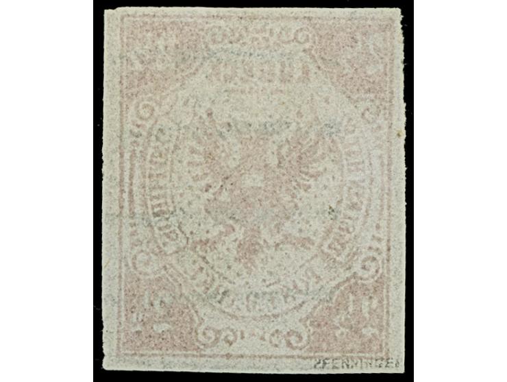 2½  Sch. mittelmagenta, farbfrisch und allseits breitrandig, sauber entwertet durch Strichstempel. Tadellos. Fotobefund Mehlm