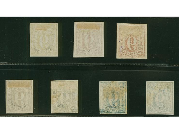 9 Sch., 7 verschiedene Farbproben auf ungummiertem Papier ohne Wasserzeichen, teils kleine Mängel, sehr selten