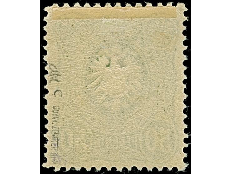 50 Pfg. lebhaftgrünoliv im verschmälerten Format, farbfrisch und sehr gut gezähnt, ungebraucht und in tadelloser Erhaltung. E