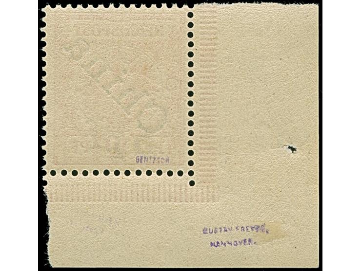 1900, 5 pf auf 10 Pfg. mit diagonalem Aufdruck aus der linken unteren Bogenecke. Die farbfrische und postfrische Marke ist in
