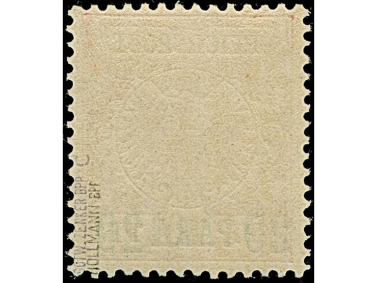 1889, 20 Pa. auf 10 Pfg. mittel(karmin)rot (dunkelgelb quarzend), ist farbfrisch und gut gezähnt. Die postfrische Marke ist i