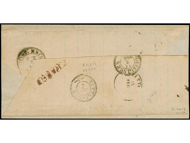 9 Kr. auf lilarosa, in Mischfrankatur mit 1858, 3 Kr. auf blau, erstere etwas stärker angeschnitten, mit Nr. "60" und nebenge