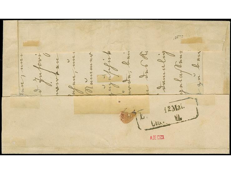 1 Kr. schwarz, waagerechtes Paar, rechts mit großem Teil des Bogenrandes, zusammen mit 3 Kr. preußischblau, mit Nr. "97" und 