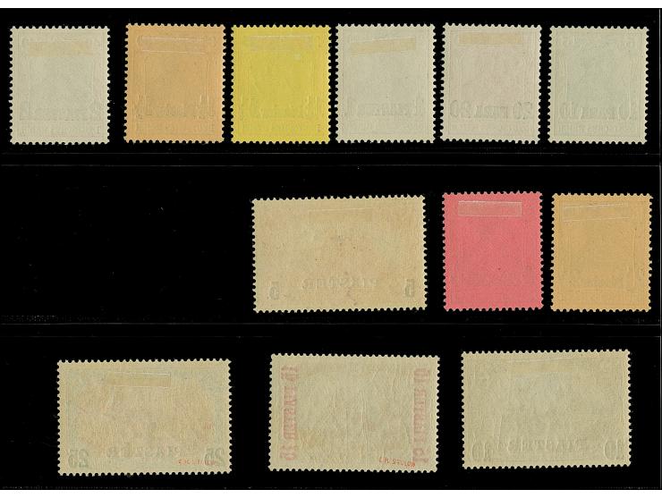 1905, Probedrucke 10 Pa. auf 5 Pfg. bis 25 Pia. auf 5 M. Germania ohne Wasserzeichen mit Aufdruck der Reichspost-Ausgabe von 