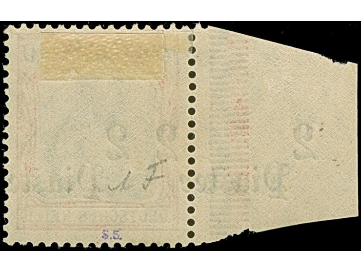 1905, 2 Pia. auf 40 Pfg. mit Aufdruckfehler “seitwärts stark verschobener Aufdruck 22 Piaster und anhängender linker Bogenran