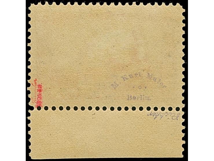 Versuchsauflage mit Linienzähnung 11½: 1900, Reichspost 3 M., Unterrandstück in Type I, ist farbfrisch und sehr gut gezähnt. 