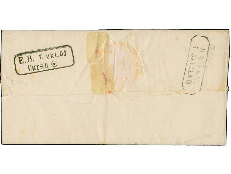 "120" in rot, klar und gerade auf 3 Kr. auf orangegelb, mit klar in rot nebengesetztem L2 "ROTHENFELS 7. Okt. 51" und Schreib