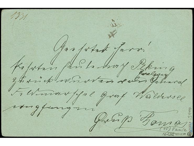 1900, Krone/Adler 3 Pfg. hellockerbraun mit Plattenfehler “Bruch der Banderolle rechts unten”, sauber mit EKr. “PEKING DP 2.2